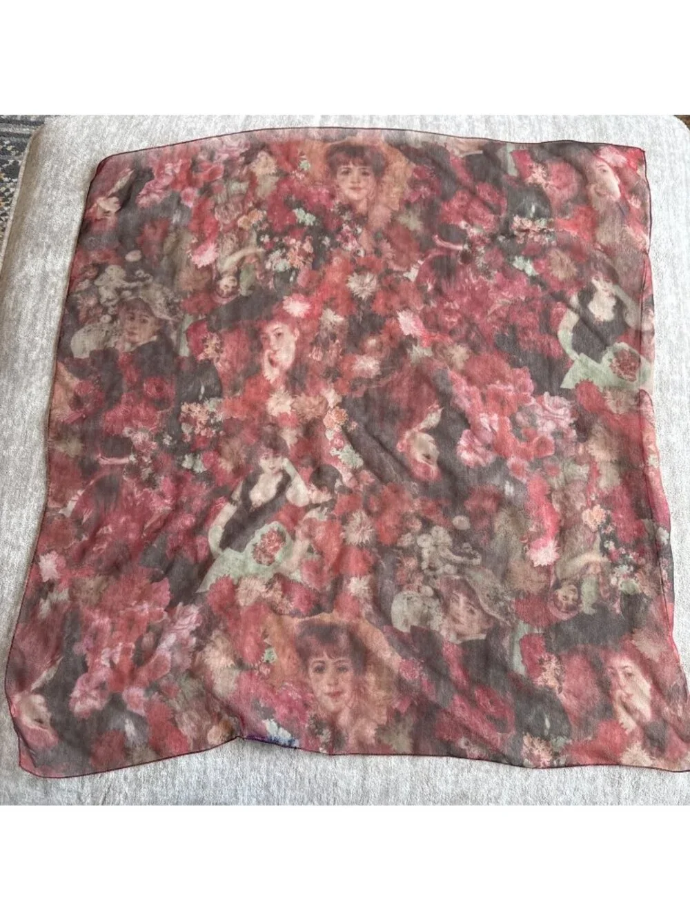 Vintage Mademoiselle Sheer Brown Orange Faces Square Women's Fashion Scarf
